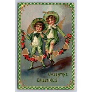 1912 Tuck's Irish Valentine Postcard Cupid Children Boys Floral Heart Jump Rope